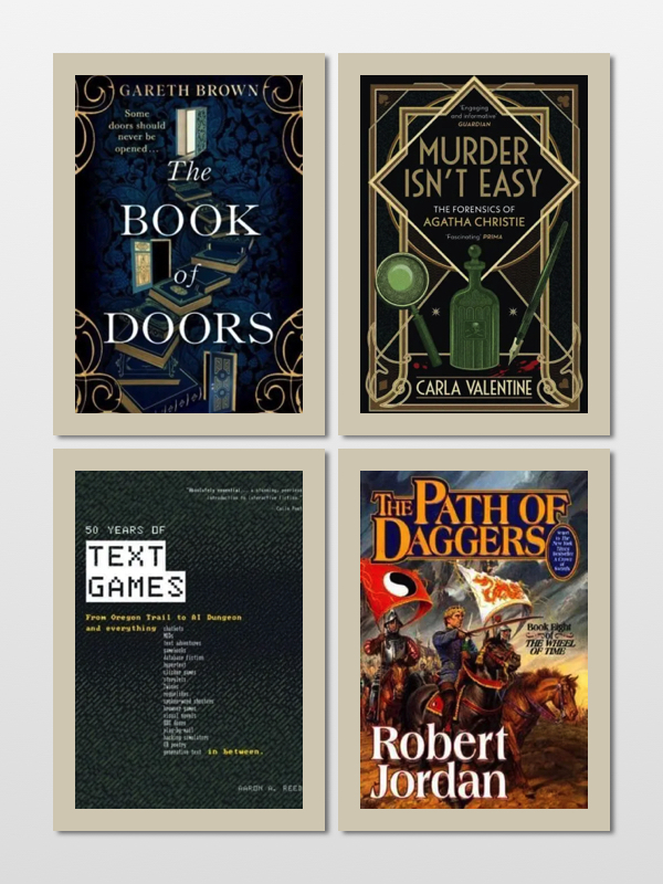 A 2x2 grid of the 4 book covers. The designs are (1) blue themed with books swirling across; (2) old style drawings of poison bottle, magnifying glass etc. surrounded by Art Deco detailing; (3) a very simple text inspired design; and (4) classic high fantasy art, with riders on horseback and banners raised.
