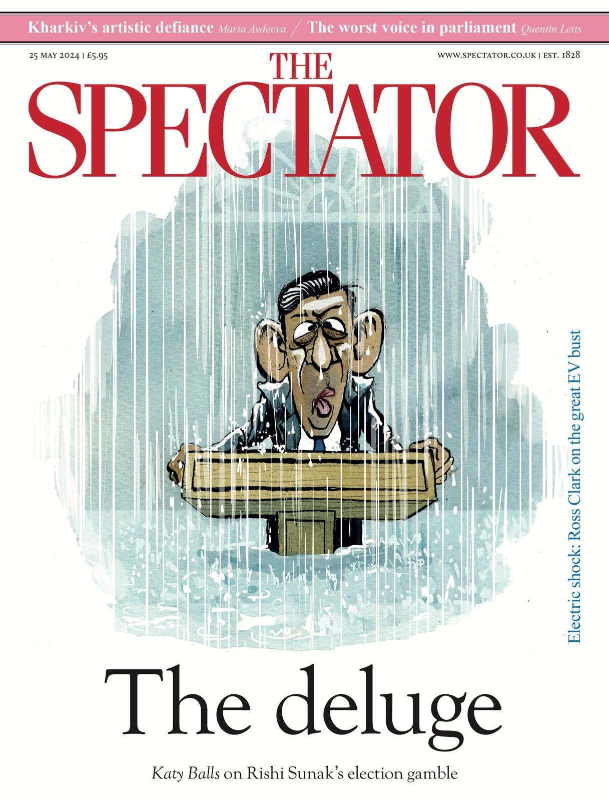 Showing a drenched rained upon Rishi Sunak at the lectern announcing a general election